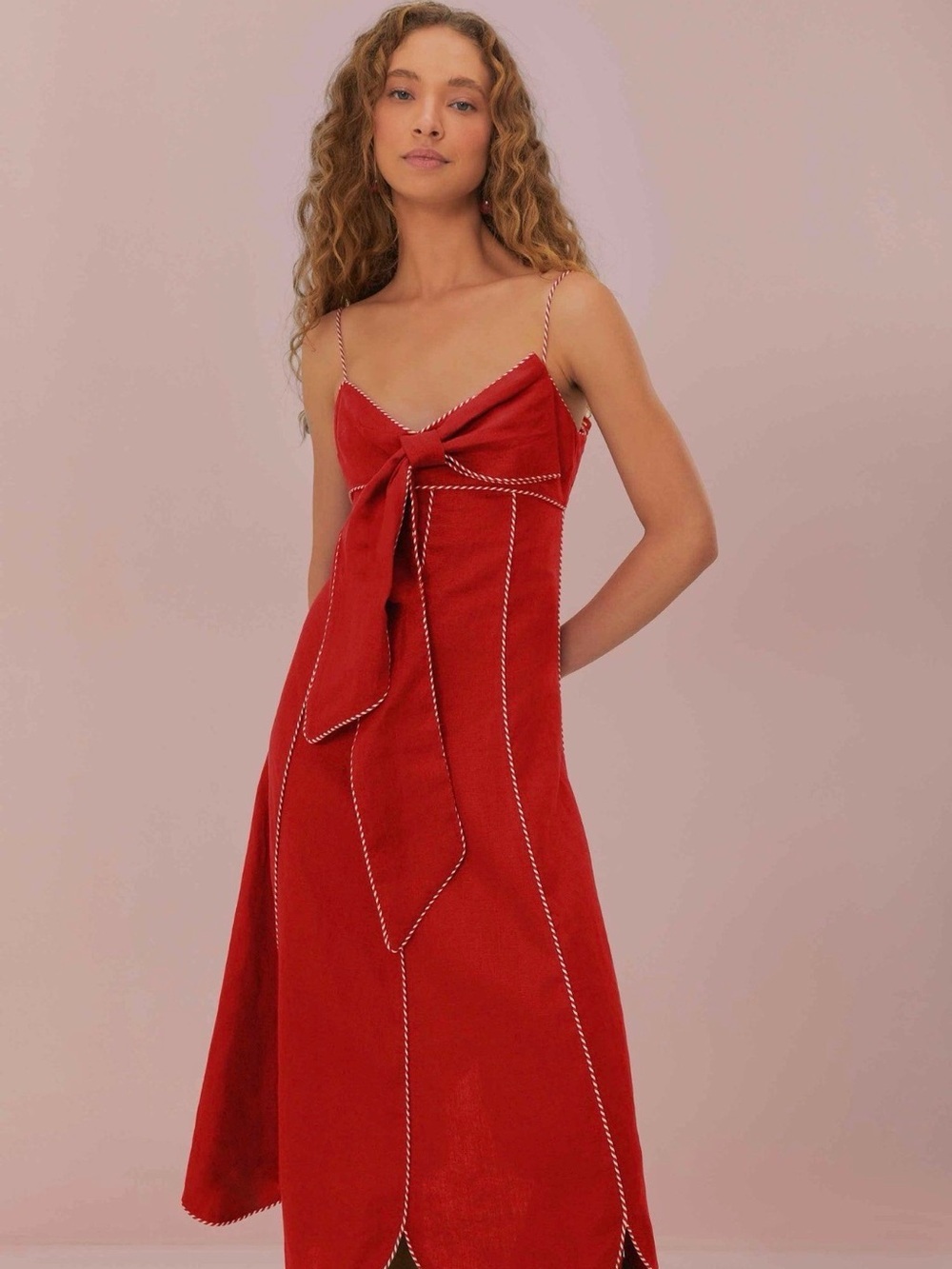 NWT FARM Rio Red Front Bow Linen Midi Dress Dark Red Size M MSRP $270 - Picture 2 of 6
